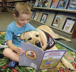 Child reading to dog