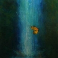Image of waterfall with butterfly in forground.
